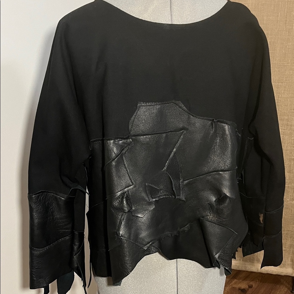 Unique Black Leather Patchwork Long Sleeve Top - image 4